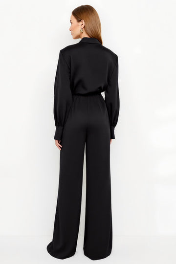 Black Notched Lapel Jumpsuit with Belt